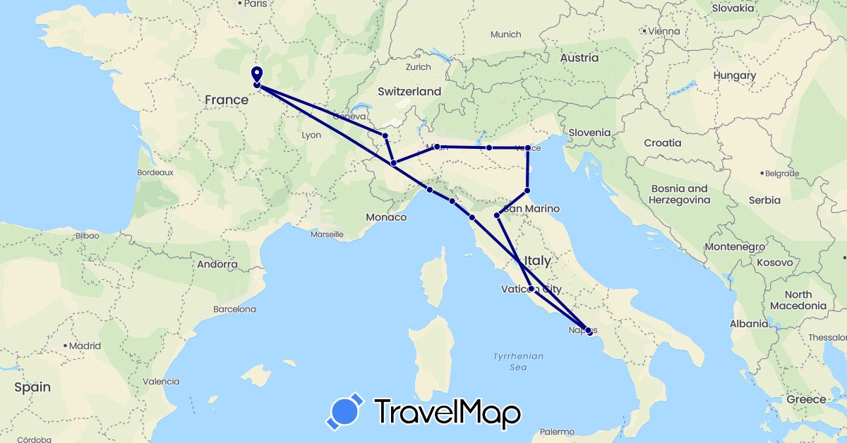 TravelMap itinerary: driving in France, Italy, Vatican City (Europe)